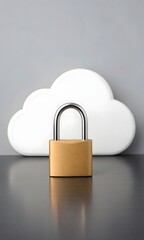 Golden padlock securing a white cloud symbol on a dark reflective surface