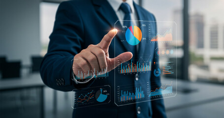 Businesswoman Using Digital Interface to Visualize Data Trends and Analytics in Office Setting