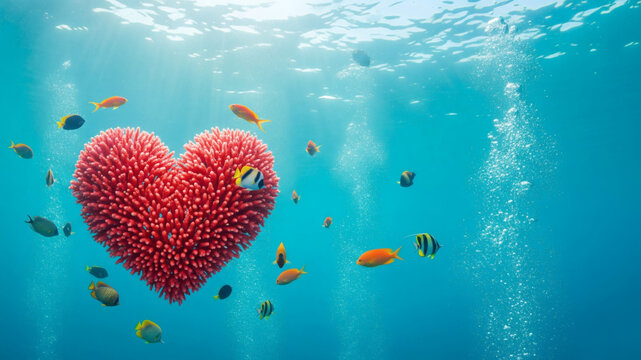 C&oelig;ur de corail rouge sous-marin entour&eacute; de poissons tropicaux