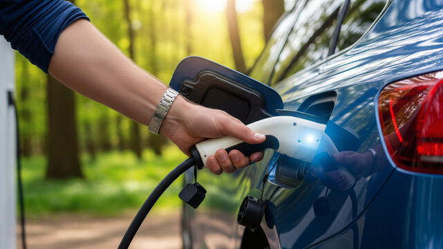 Branchement d'une voiture &eacute;lectrique &agrave; une borne de recharge