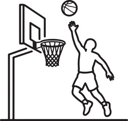 A dynamic silhouette of a basketball player mid-jump, about to dunk the ball into the hoop against a clear sky, perfectly captures the spirit of competition and the game