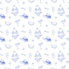 Summer pattern. Background with hand drawn cute summer elements. Doodle sketch. Seamless pattern for textile, home decor