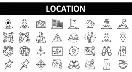 Location Icons Map, Pin, GPS, Navigation, and Place Markers