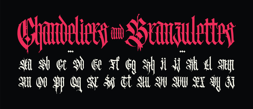 Modern Gothic, full English alphabet. Vector. Medieval uppercase and lowercase Latin letters. Signs and symbols for design. Ancient European style. Calligraphy and lettering.
