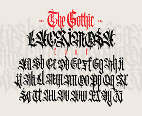 Gothic, English alphabet. Vector. Medieval Latin letters. Signs and symbols for tattoos. Ancient European style. Calligraphy and lettering. Separate uppercase and lowercase letters.
