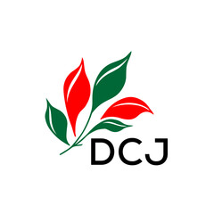 DCJ Modern Leaf Logo Design with Red and Green Colors, DCJ Later Logo, Nature Inspired Minimalist Logo Template, Professional Plant Logo for Business Branding.
