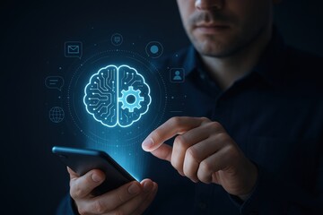 Digital Intelligence: A modern businessman interacting with a glowing brain icon on his smartphone, symbolizing the integration of technology and human intelligence.