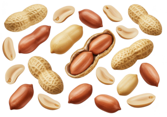 A close up studio shot of a collection of peanuts isolated on transparent background