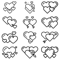Collection of heart icons showing different styles and arrangements in a simple black outline design