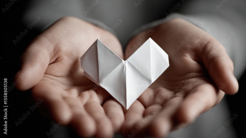 Poster Crafted Paper Heart Held Gently Between Two Hands With Soft Shadows Highlighting the Delicate Details