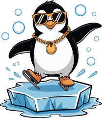 Obraz premium Cool Penguin Skater A stylish penguin ice skating with sunglasses and a gold chain, adding a fun and trendy vibe transparent isolated vector 