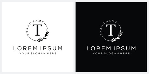 Initial letter T cosmetics fashion logo design, serif font graphic icon, leaves nature symbol concept