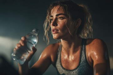 Young woman hydrating after exercising on stationary bike, showing dedication to fitness and healthy lifestyle