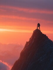 Motivational Sunrise Illuminates Mountain Peak With Silhouette of Climber Reaching Their Goal