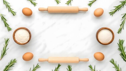 Baking ingredients and tools arranged on a marble surface with rosemary sprigs