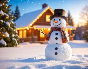 Obraz premium Snowman by a cozy cabin