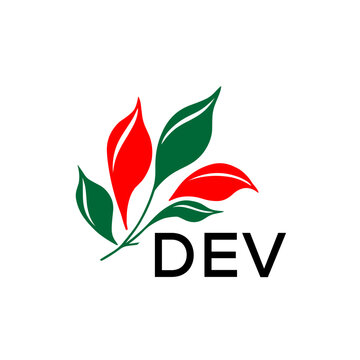 DEV Modern Leaf Logo Design with Red and Green Colors, DEV Later Logo, Nature Inspired Minimalist Logo Template, Professional Plant Logo for Business Branding.
