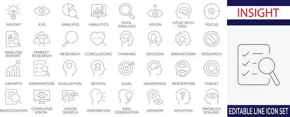 A clean, modern icon set illustrating insight, analytics, data research, and brainstorming concepts. Perfect for business dashboards, market analysis, and educational infographics.