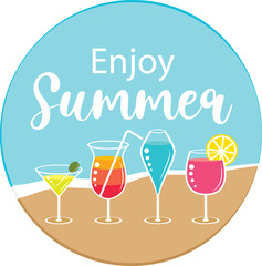 Enjoy summer. Colorful fresh vector cocktails at the beach. Hand drawn illustration. 