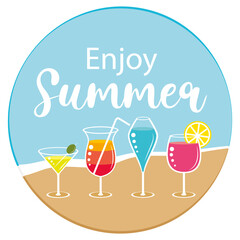 Enjoy summer. Colorful fresh cocktails at the beach. Hand drawn illustration. 