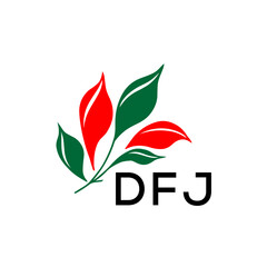 DFJ Modern Leaf Logo Design with Red and Green Colors, DFJ Later Logo, Nature Inspired Minimalist Logo Template, Professional Plant Logo for Business Branding.
