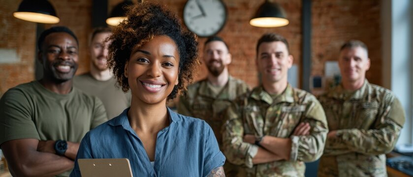 The confident military team celebrates success and unity in a collaborative environment.