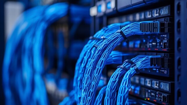 Close-up of blue network cables connected to servers in a data center. - Powered by Adobe