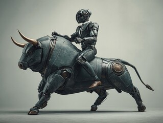 Fototapeta premium Robot rides a mechanical bull. Concept art of a futuristic scene with a bull and robot rider.