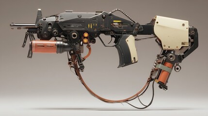 Detailed futuristic weapon with intricate mechanical and electrical components, against a neutral backdrop.