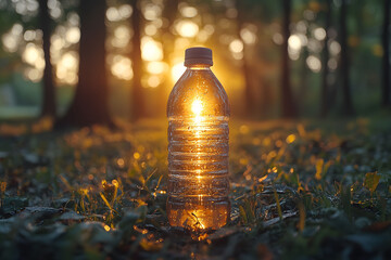 Plastic Water Bottle in Sunlit Forest - Environmental Awareness and Outdoor Refreshment