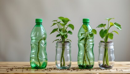 Growing plants in recycled bottles indoor garden eco-friendly project minimalist space close-up sustainability concept