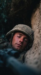 Fototapeta premium Soldier in repose: An exhausted serviceman sleeps soundly in a trench, finding respite from conflict.
