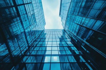 Low angle view of modern blue glass skyscrapers reaching towards the sky in an urban environment