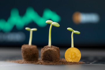 Small seedlings growing from soil cubes next to a physical Bitcoin coin, symbolizing growth and investment in cryptocurrency.