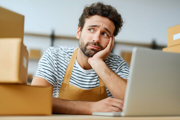 A man in an apron looks frustrated and bored while sitting at a laptop surrounded by cardboard boxes.