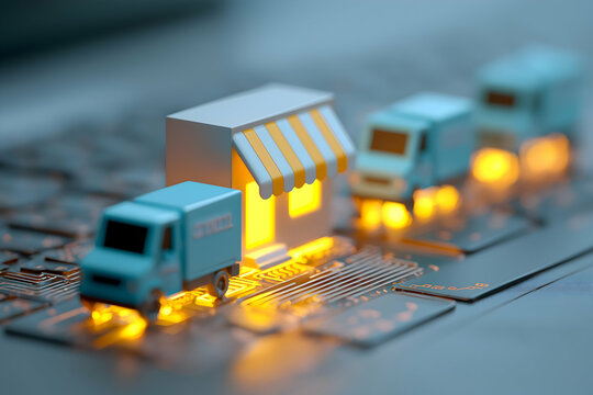 Miniature delivery trucks and a small shop model glowing on a circuit board, symbolizing e-commerce and digital logistics.