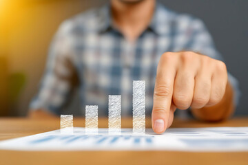 A person in a checkered shirt points at a rising bar graph on a tablet, symbolizing growth and financial progress.