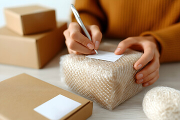 A person in a brown sweater writes on a label attached to a bubble-wrapped package with parcels and twine on the table.