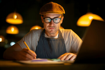 A man wearing glasses and a cap works intently on a drawing or writing project in a warmly lit room, illuminated by hanging lamps.