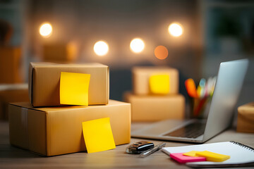 A workspace with cardboard boxes, sticky notes, a laptop, and office supplies illuminated by warm bokeh lights in the background.