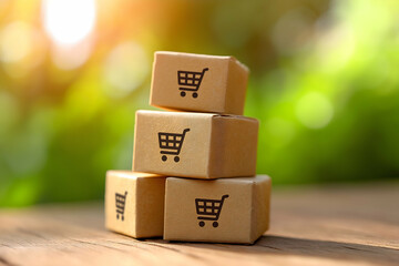 Four wooden cubes stacked with shopping cart icons, symbolizing e-commerce and online shopping on a wooden surface with a blurred natural background.
