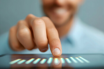 A person interacts with a touchscreen, selecting or analyzing a digital bar graph with a blurred smiling face in the background.