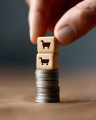 Two wooden blocks with shopping cart icons are stacked atop a pile of coins, held by a hand, symbolizing e-commerce and financial growth.