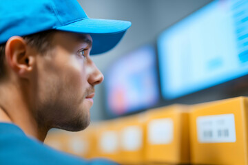 A focused man in a blue cap monitors data on screens while managing packaged boxes in a warehouse or logistics environment.