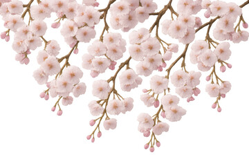 Cherry blossom branches with delicate pink flowers blooming gracefully against a transparent background, perfect for spring designs