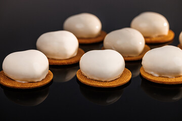 Vanilla sable, lemon curd, blueberry custard, lime mousse. Tasty sweet dessert. Ideal for gourmet dessert lovers. Lavender mousse cakes isolated on black background