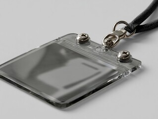 A close-up shot of a clear badge holder with a black lanyard, set against a clean, white background.