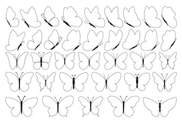 Set of black butterflies isolated on white background, collection of silhouettes. Butterfly black color, flying shape, vector design. Abstract modern monarch butterfly contours for decoration desig