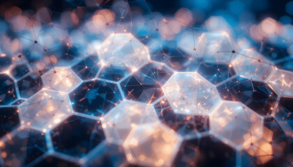 Futuristic geometric design with glowing hexagons and interconnected lines