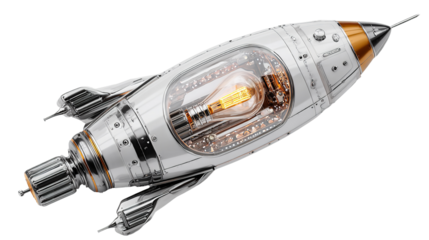 A gleaming spaceship powered by a brilliant lightbulb showcasing on transparent background